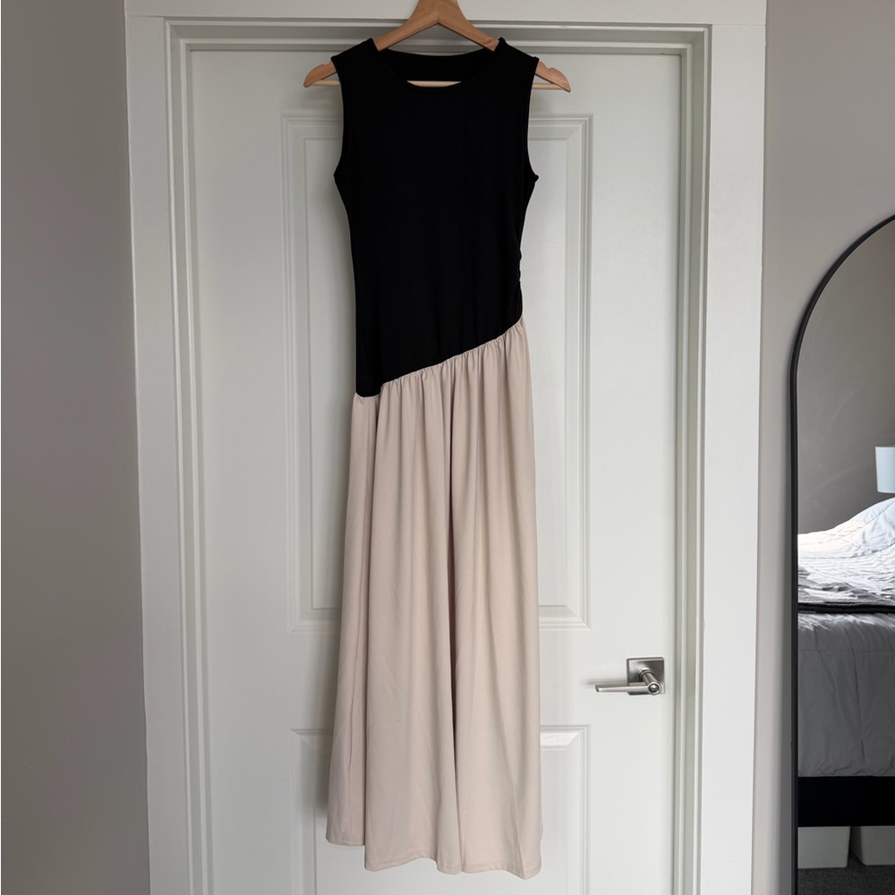 Black and Cream Asymmetrical Drop Waist Maxi Dress Minimalist Chic Style - Picture 7 of 7